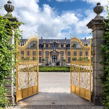 Golden gates open to the majestic Herrenhausen Palace in Hannover, Germany.